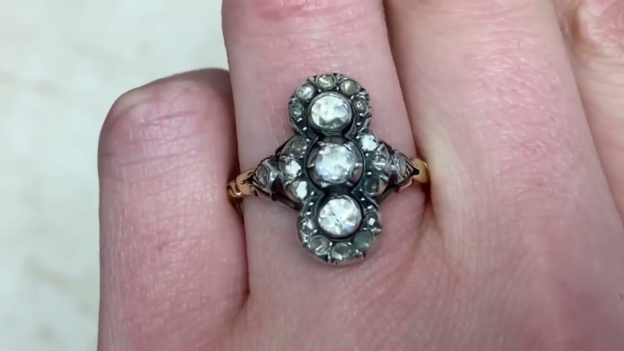 Georgian Era Rose Cut Diamond Elongated Silver & 18k Yellow Gold Ring - Brunswick Ring - Hand Video