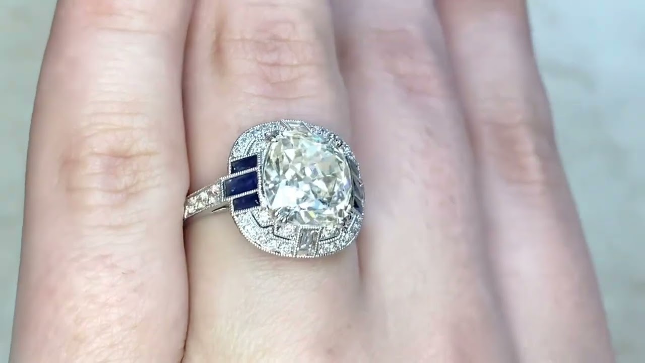 3.33ct Center Antique Cushion Cut Diamond & Sapphire Engagement Ring - Bryant Park Ring - Hand Video