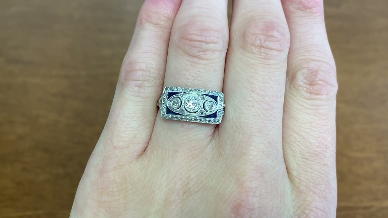 Art Deco Era Old European Diamond and Sapphire Engagement Ring - Millbrook Ring - Hand Video