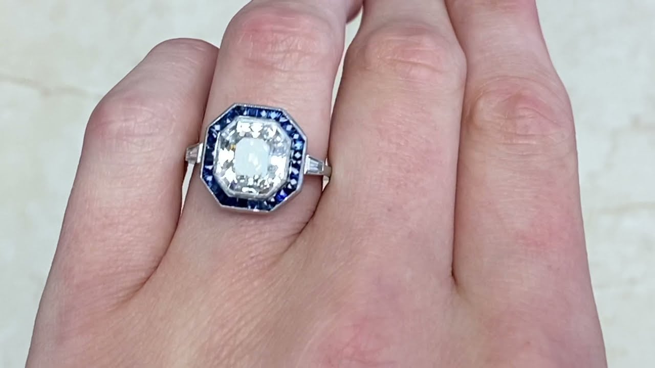 4.09ct Center Antique Asscher Cut Diamond and Sapphire Engagement Ring - Haddon Ring - Hand Video