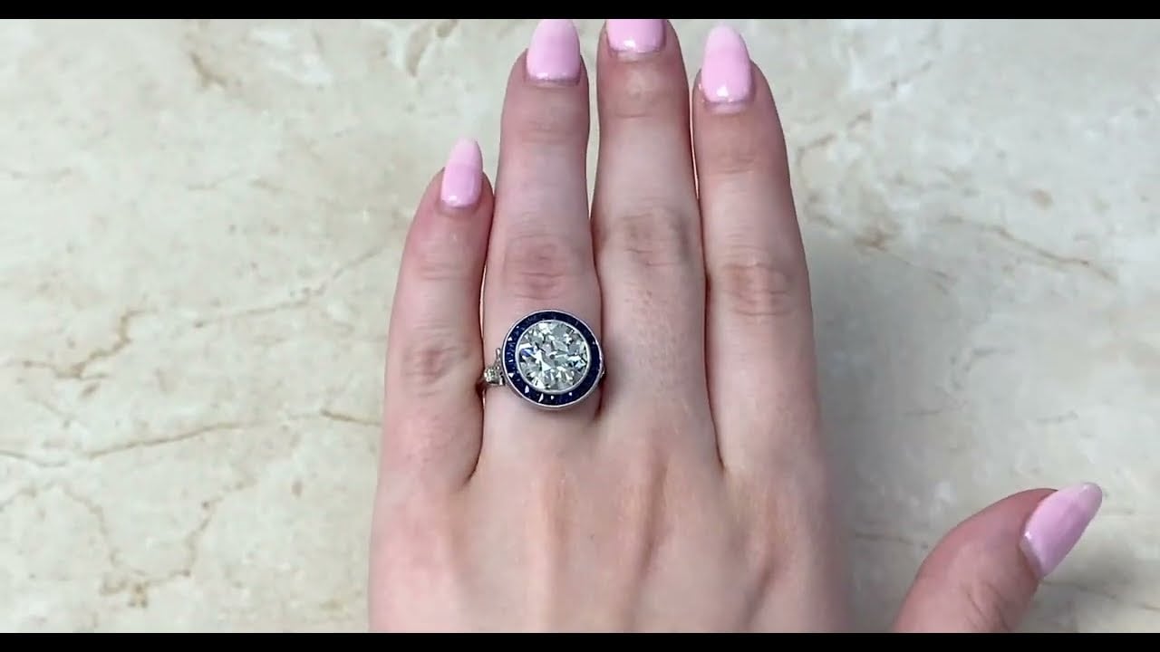 4.26ct Center Old European Cut Diamond and Sapphire Halo Engagement Ring - Yale Ring - Hand Video