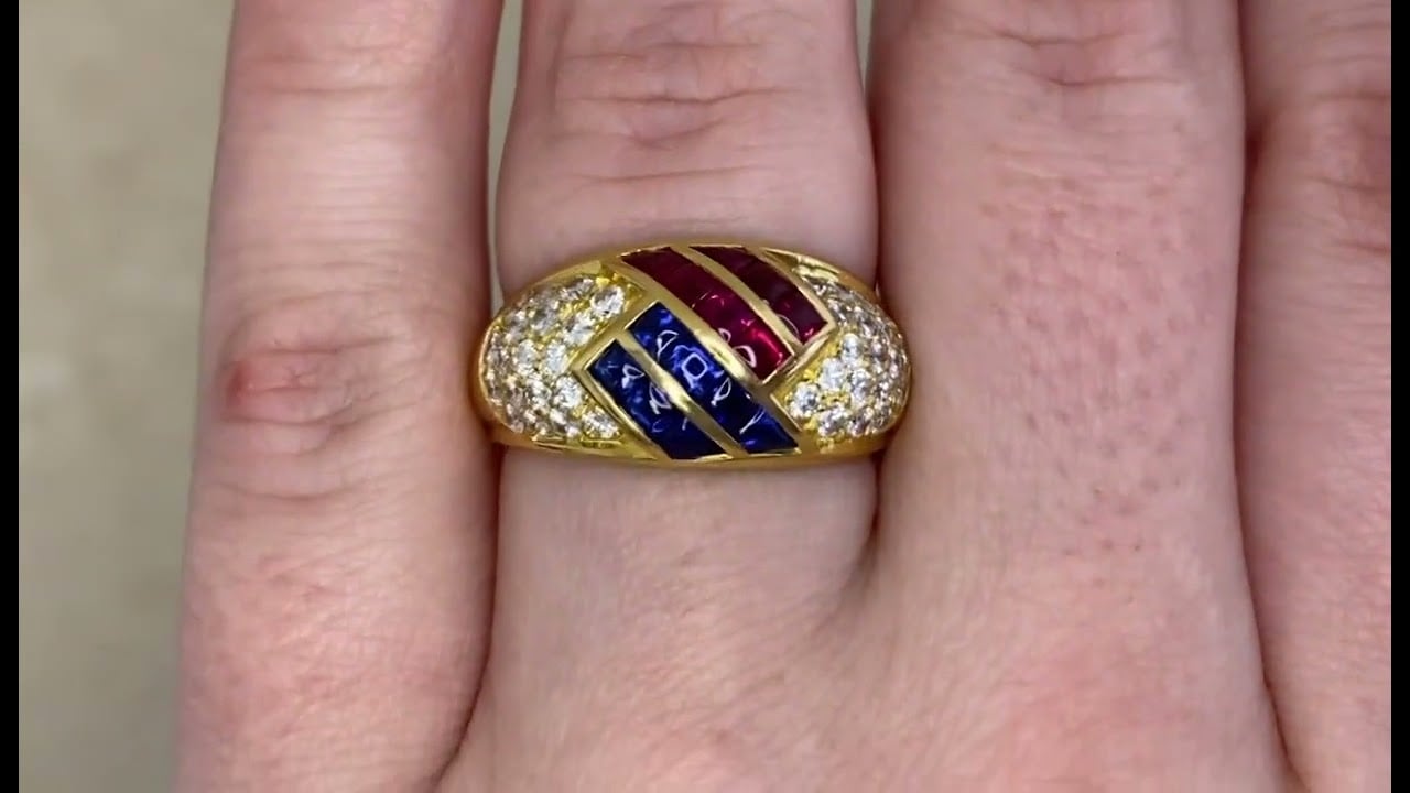 Vintage Mauboussin Paris Ruby, Sapphire, and Diamond 18k Yellow Gold Ring -hand video