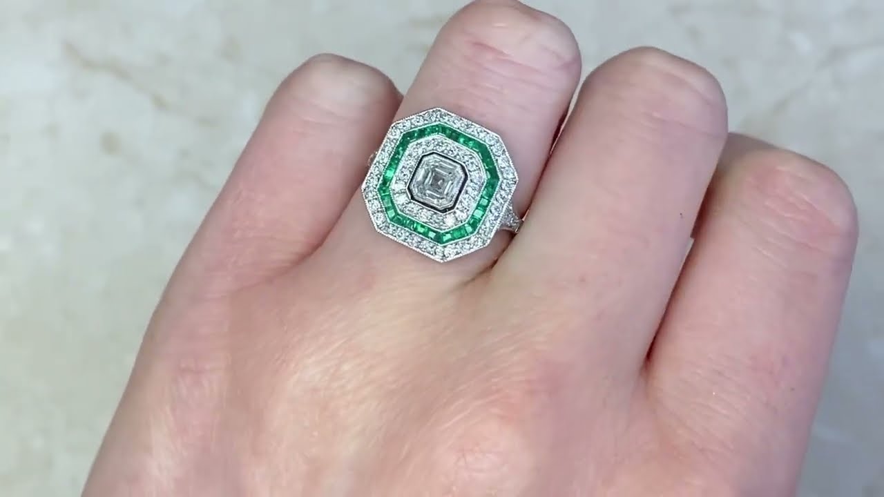 Art Deco Era Asscher Cut Diamond And Natural Emerald Halo Cocktail Ring - Vine Ring - Hand Video