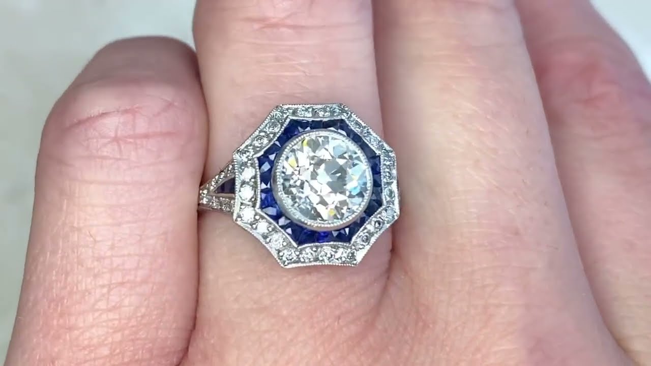1.80ct Diamond & Sapphire Geometric Double Halo Engagement Ring - Leyden Ring - Hand Video