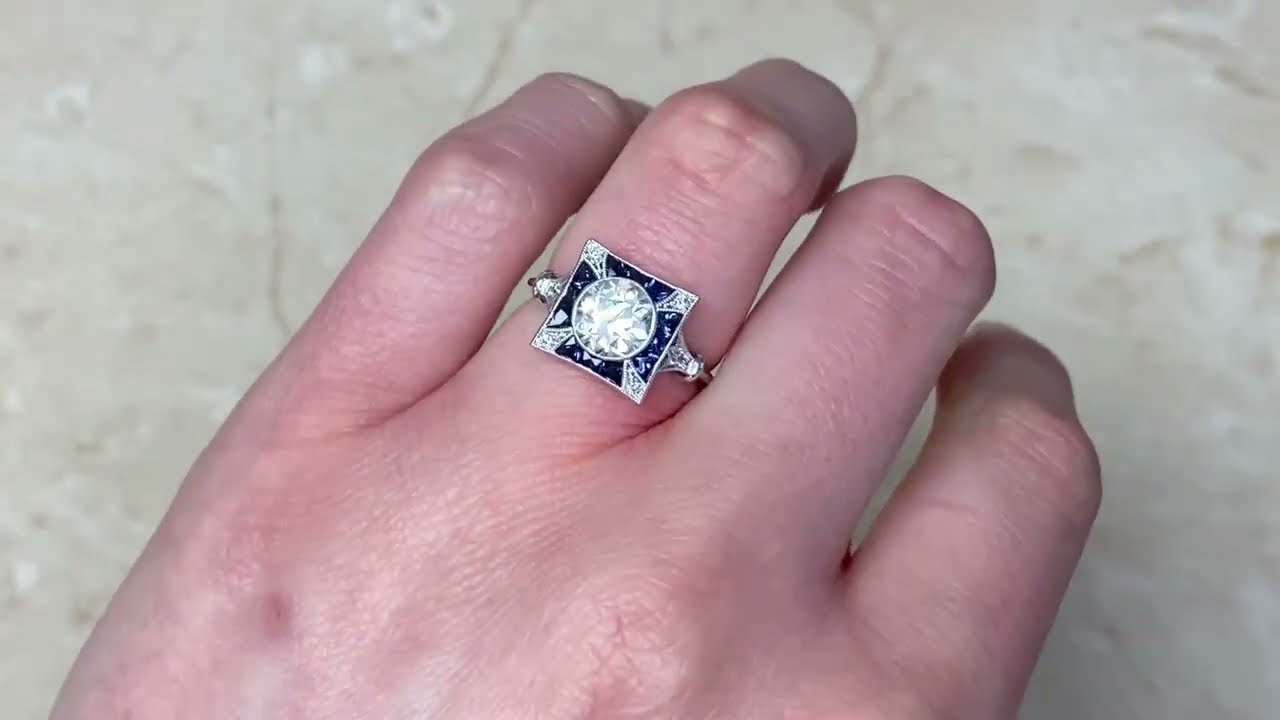 1.23ct Old European Cut Diamond & Sapphire Geometric Engagement Ring - The Denmark Ring - Hand Video