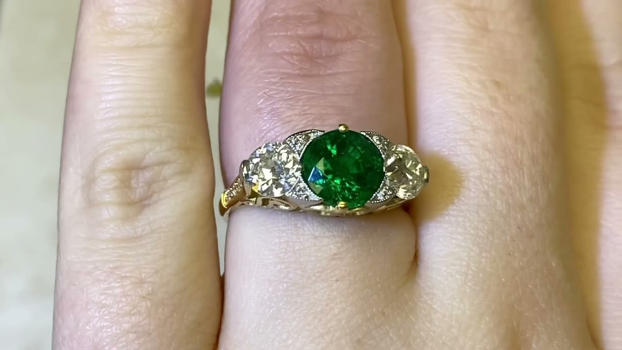 1.65ct Center Round Emerald & Old European Cut Diamond Three Stone Ring - Tennyson Ring - Hand Video