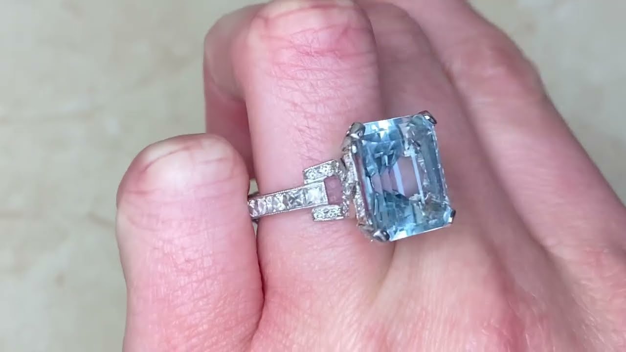 6.75ct Natural Aquamarine & Diamond Accented Platinum Mounting Ring - Hand Video