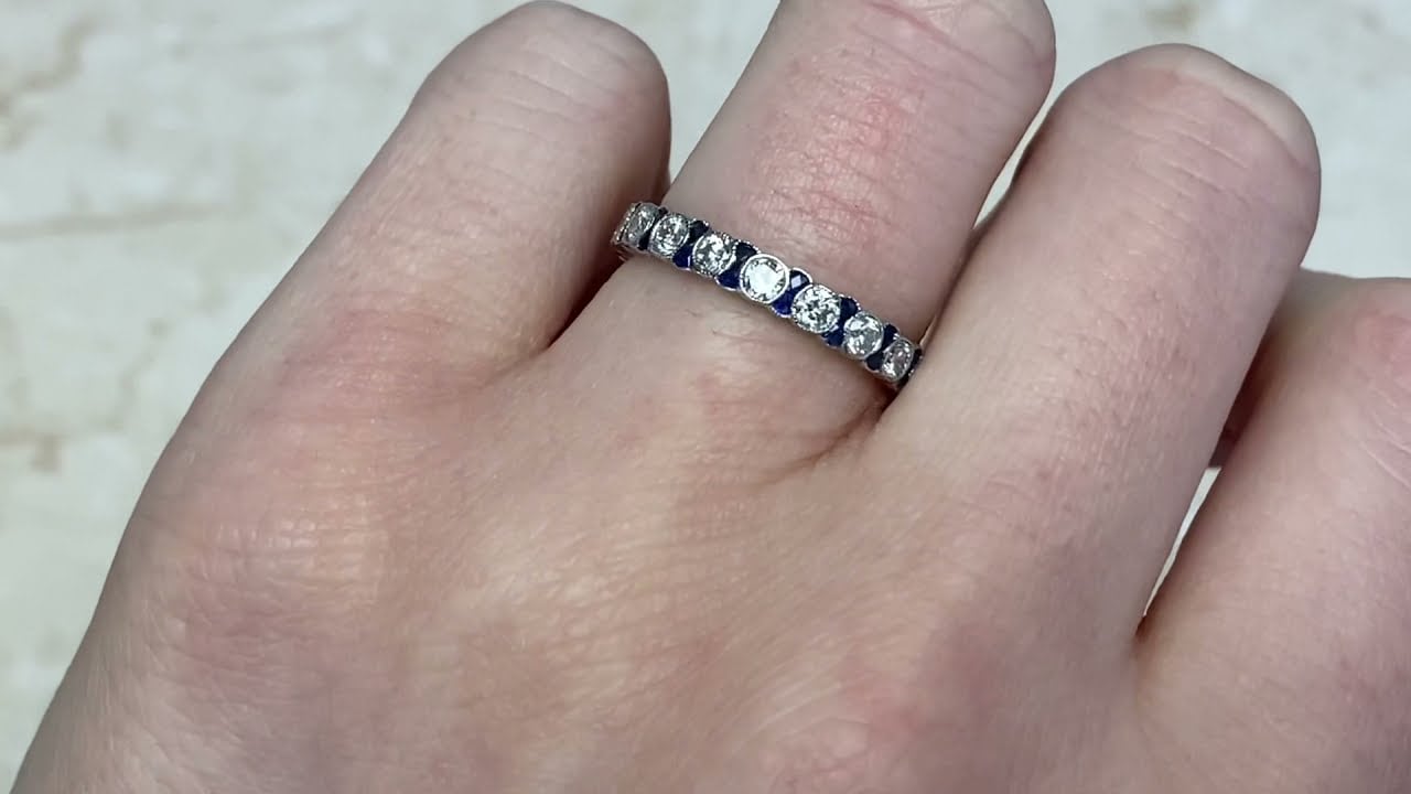 Old European Cut Diamond and Calibre Sapphire Eternity Band - Elmont Band - Hand Video