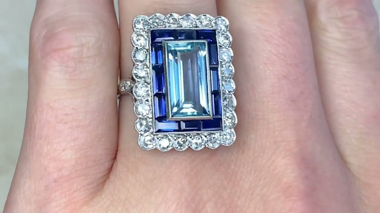 Emerald Cut Aquamarine & Double Sapphire Diamond Halo Gemstone Ring - Broadway Ring - Hand Video