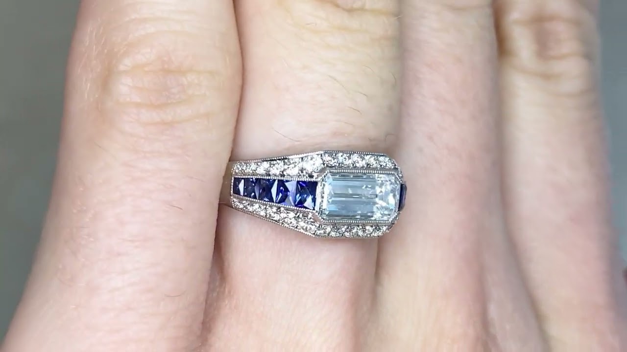 1.16ct Emerald Cut Diamond and Sapphire Hazen Ring