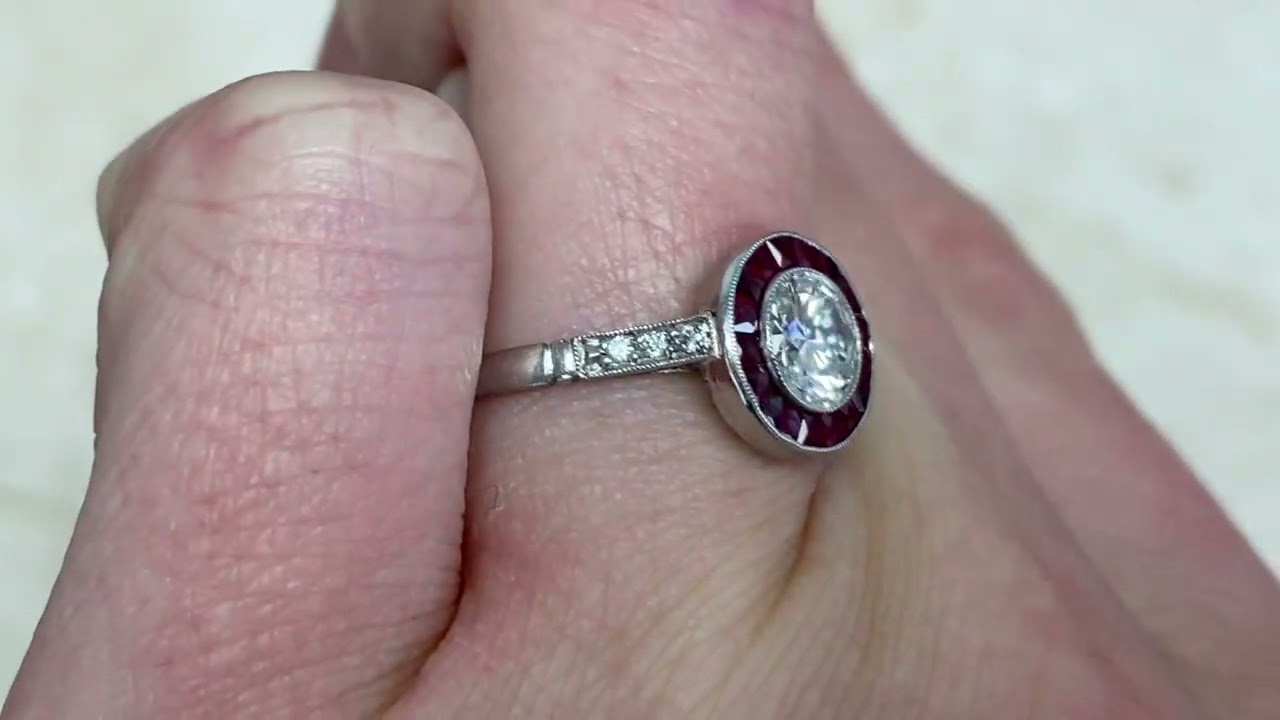 0.74ct Brilliant Cut Diamond & French Cut Halo Ring - Ruby Halo Engagement Ring - Hand Video
