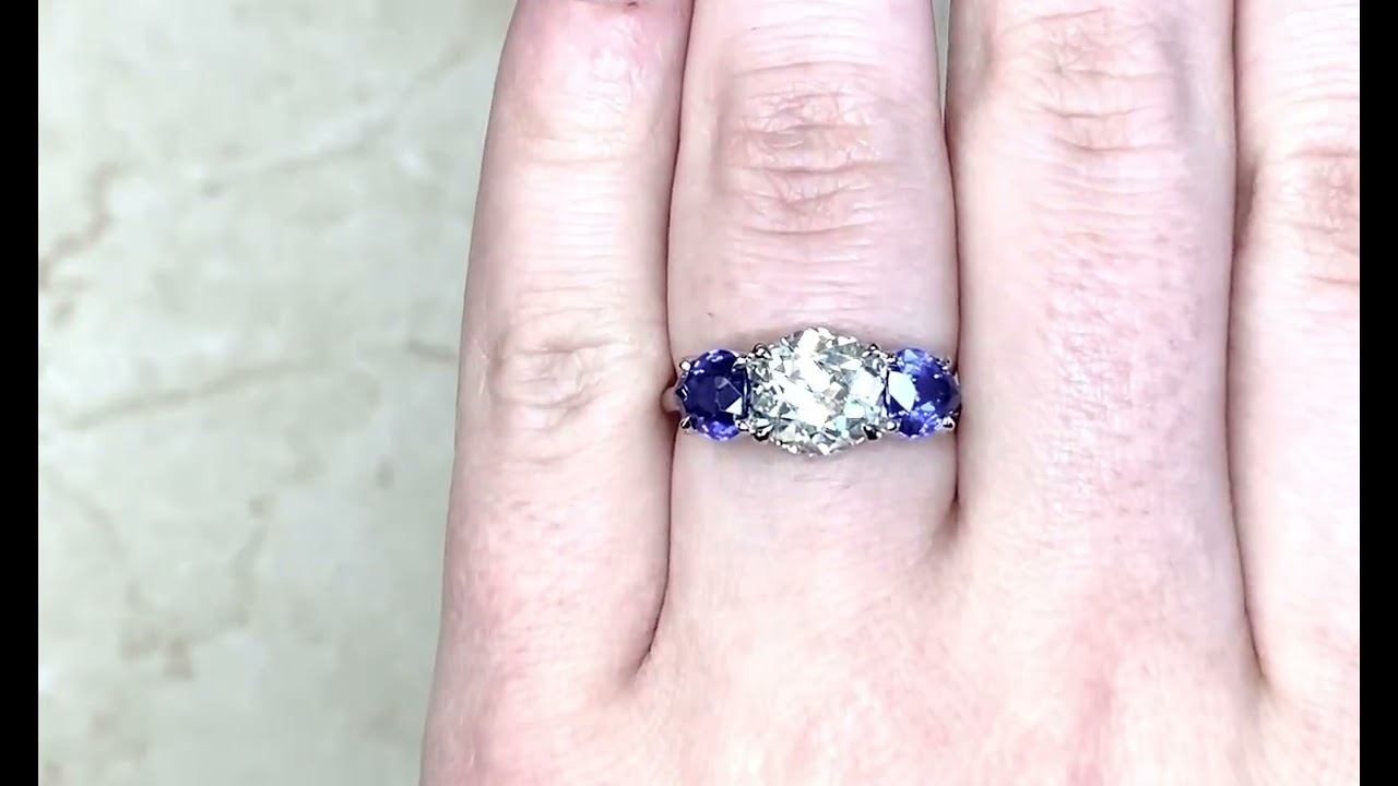 2.03ct Center Old European Cut Diamond & Sapphire Three Stone Ring - Strand Ring - Hand Video