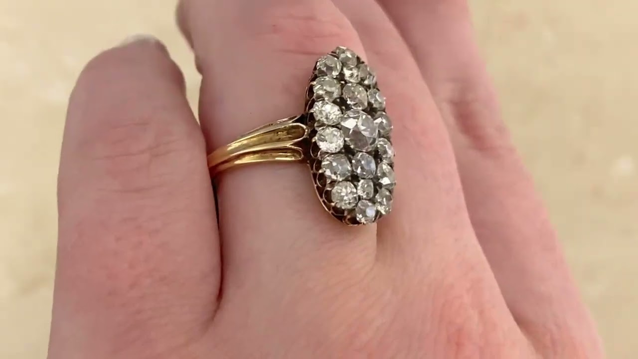 Antique Victorian Era Diamond Cluster Engagement Ring -Clarence Ring- Hand Video