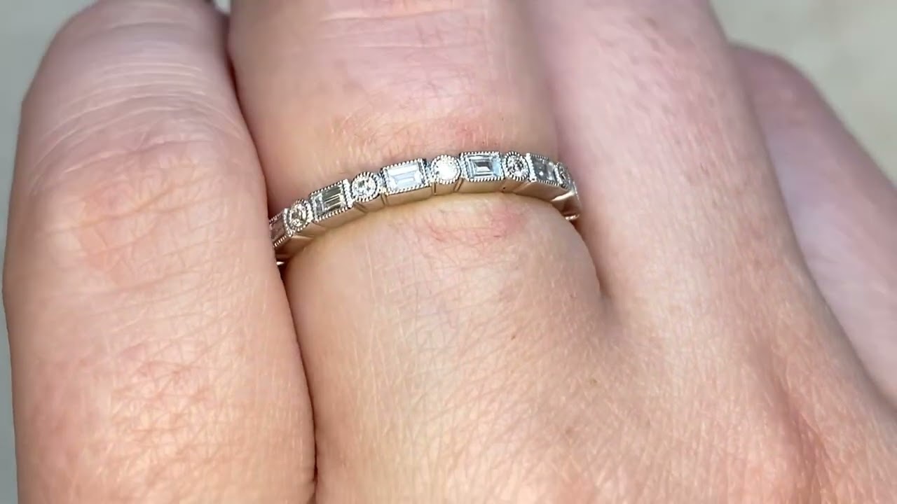 0.60ct Round Brilliant Cut and Baguette Cut Diamond Eternity Band - Old Field Band - Hand Video