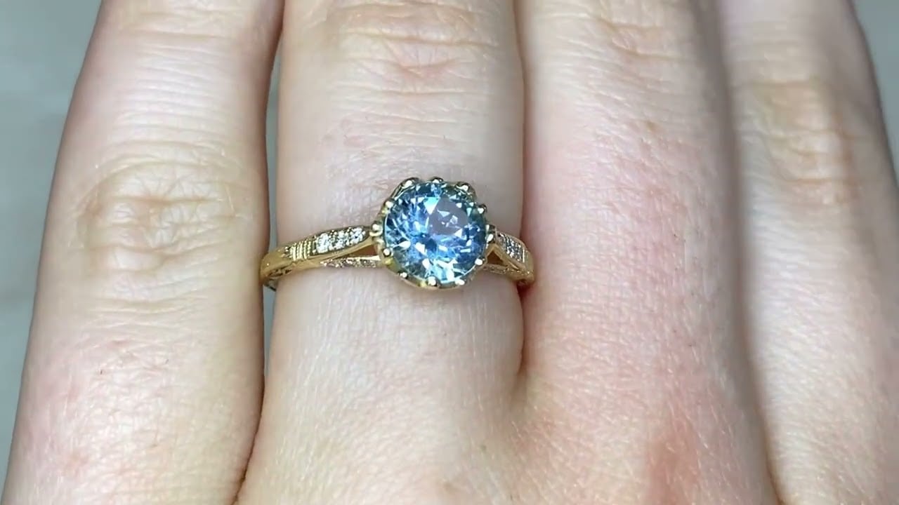 0.90ct Center Round Cut Aquamarine and Diamond 18k Yellow Gold Ring - Seaford Ring - Hand Video