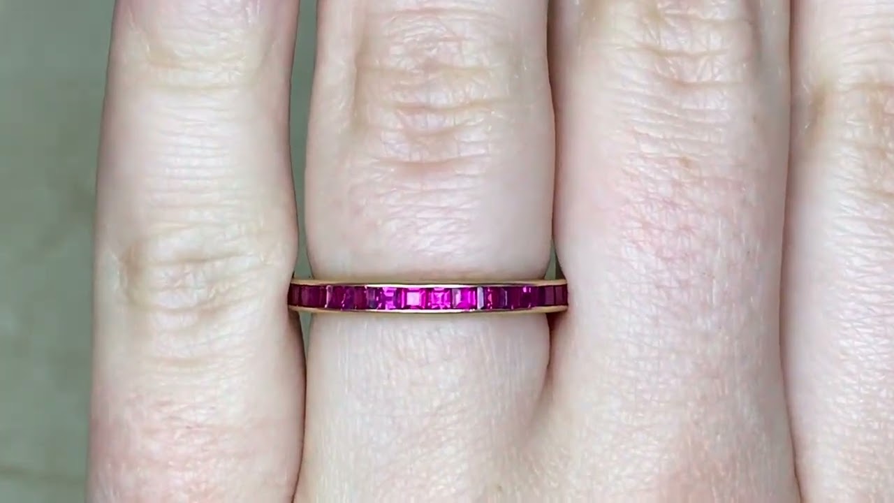 2.40mm 14k Yellow Gold French Cut Ruby Eternity Wedding Band - Sarasota Band - Hand Video