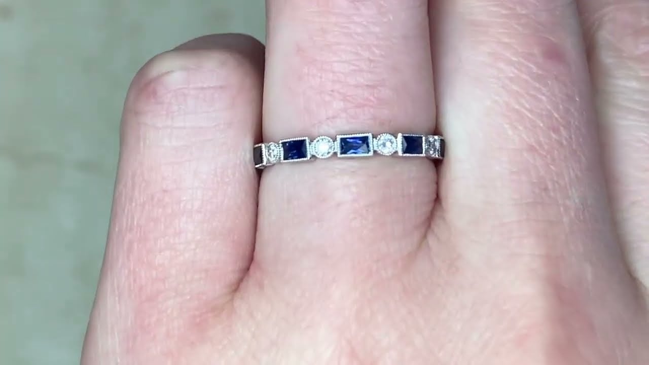 Bezel Set Round Diamond & French Cut Sapphire Half Eternity Band - Barfield Grove Band - Hand Video