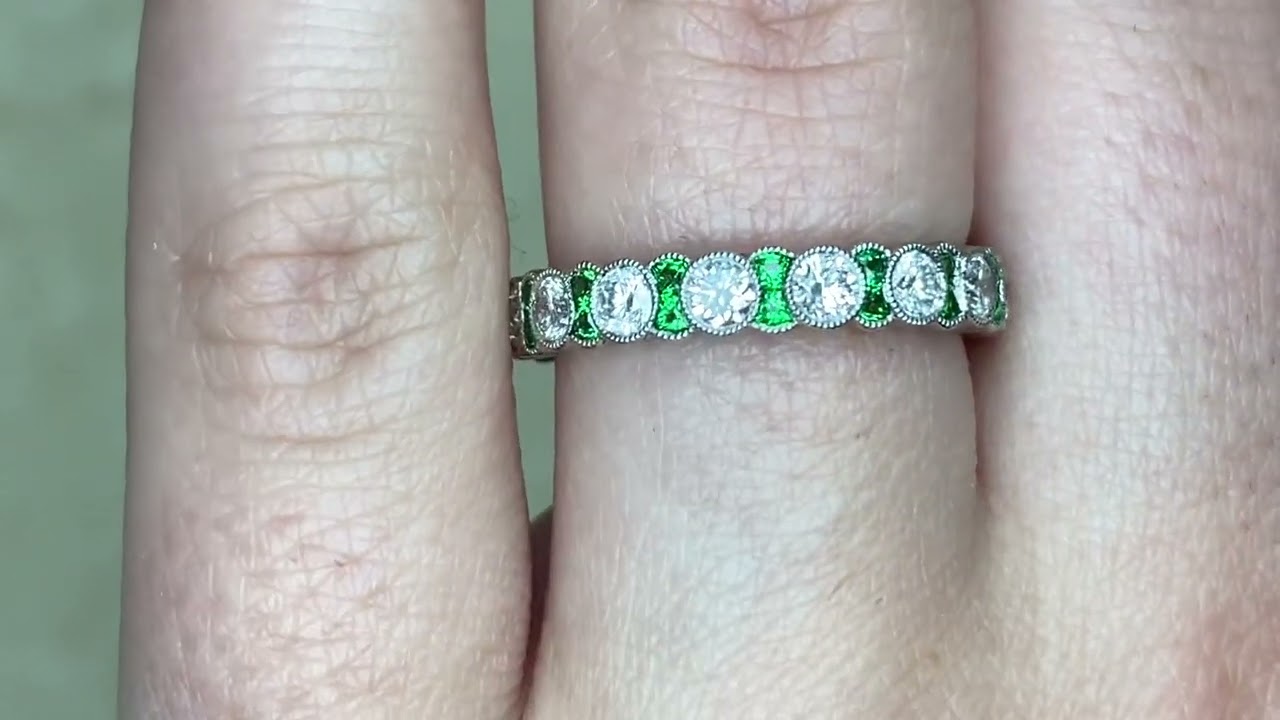 3.30mm Round Brilliant Cut Diamond and French Cut Tsavorite Garnet Band - Peru Band - Hand Video