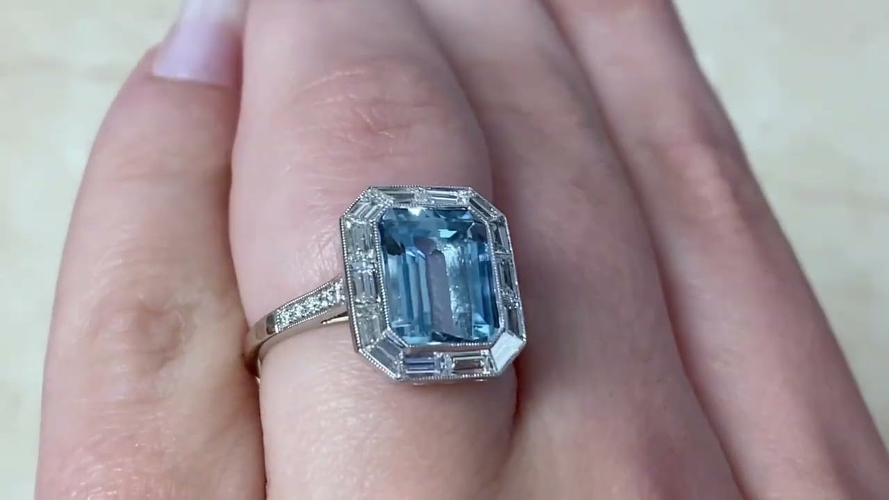 Geometric Gemstone and Diamond Ring Centering Emerald Cut Aquamarine - Stillwater Ring - Hand Video