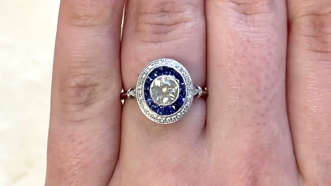 0.66ct Center Old European Cut Diamond & French Cut Sapphire Halo Ring - Kennedy Ring - Hand Video