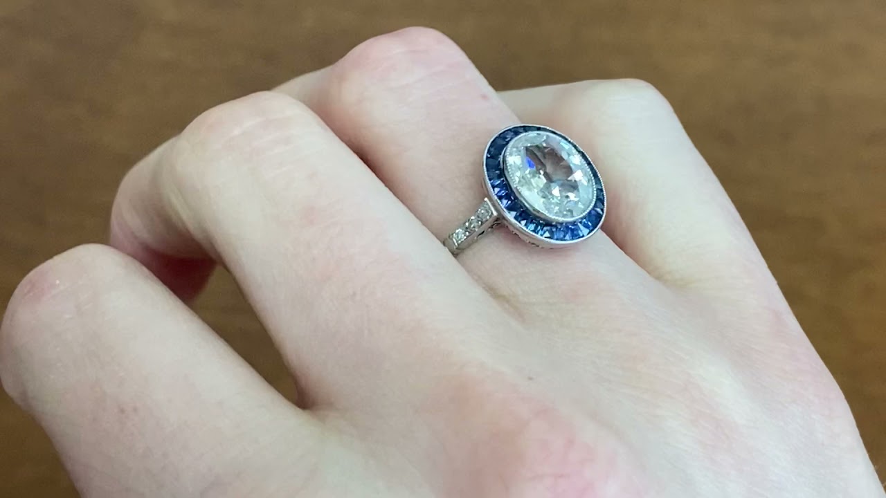 1.44ct Elongated Cushion Cut Diamond and Sapphire Engagement Ring - Warminster Ring - Hand Video