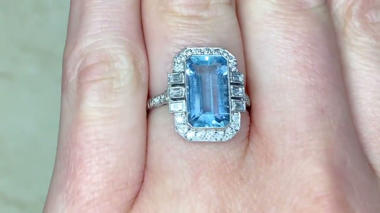 Geometric Elongated Aquamarine & Diamond Halo Gemstone Ring - Sacksville Ring - Hand Video