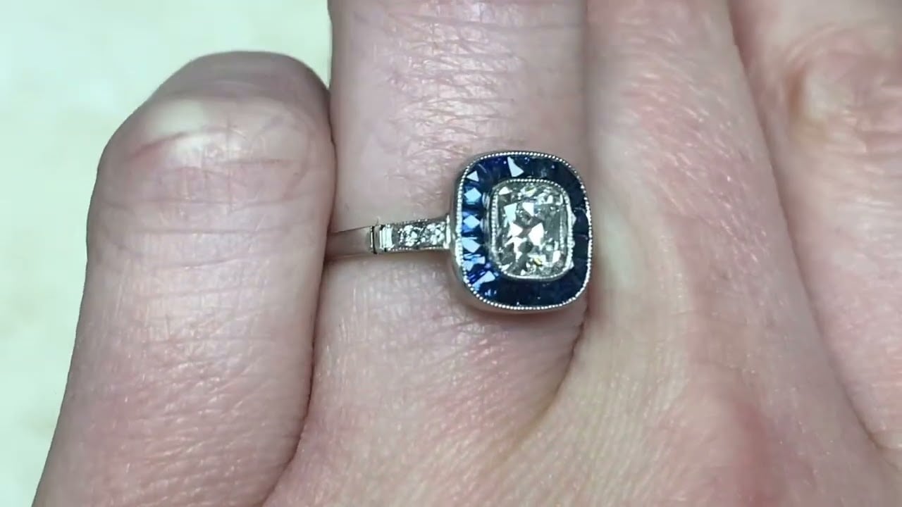 0.69ct Antique Cushion Cut Sapphire Halo Engagement Ring - Ascot Ring - Hand Video