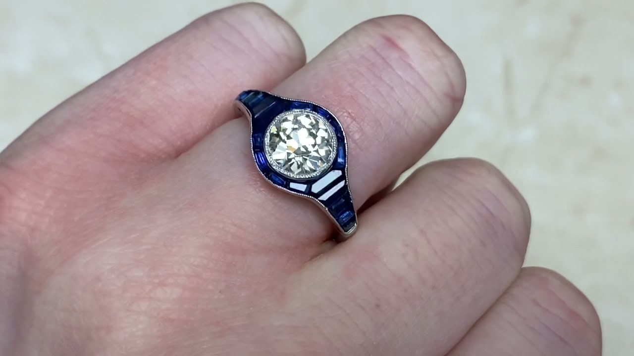 1.39ct Center Old European Cut Diamond and Calibre Sapphire Engagement Ring -Rimini Ring- Hand Video