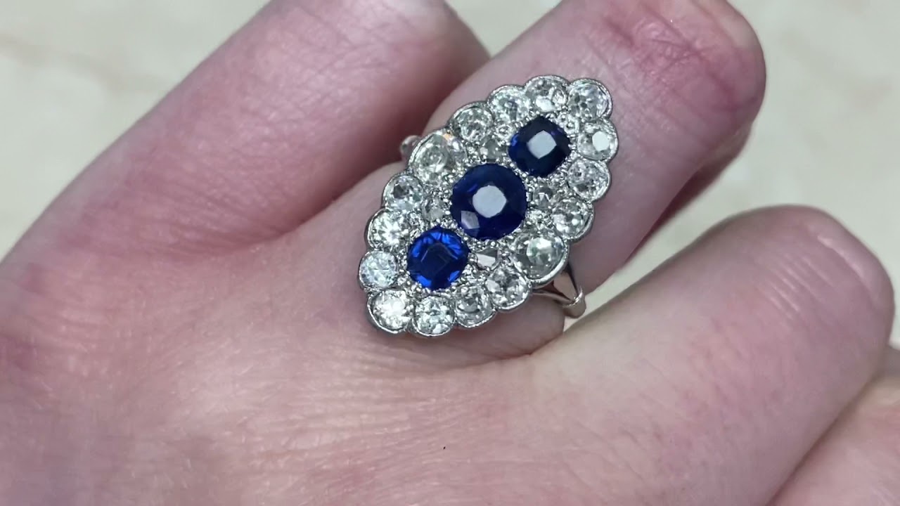 Edwardian Era North South Sapphire and Diamond Navette Ring - Norfolk Ring - Hand Video