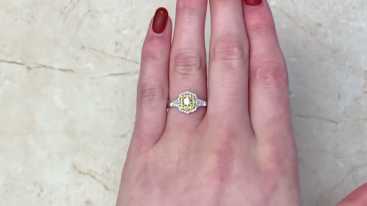 0.46ct Yellow Diamond Double Halo 18k Gold Mounting Engagement Ring - Somers Ring - Hand Video
