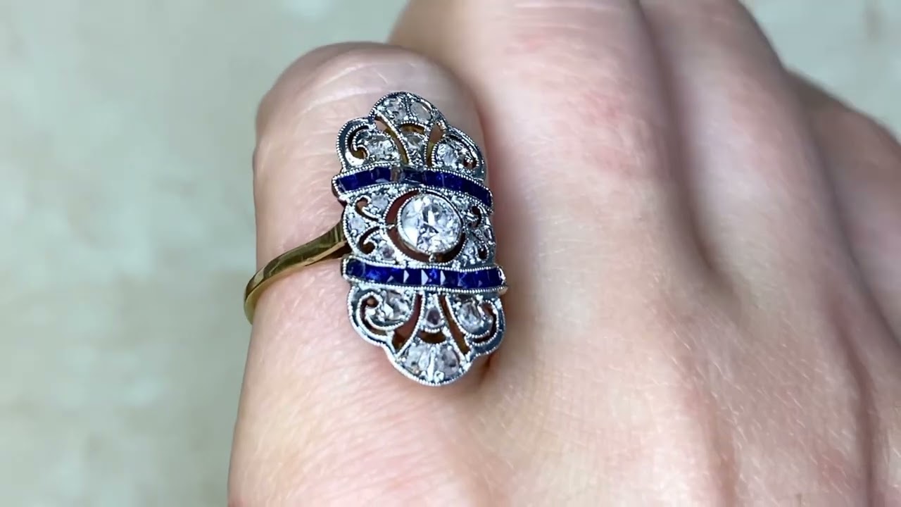 Edwardian 0.25ct Center Old European Cut Diamond and Sapphire Elongated Ring-Fenmore Ring-Hand Video