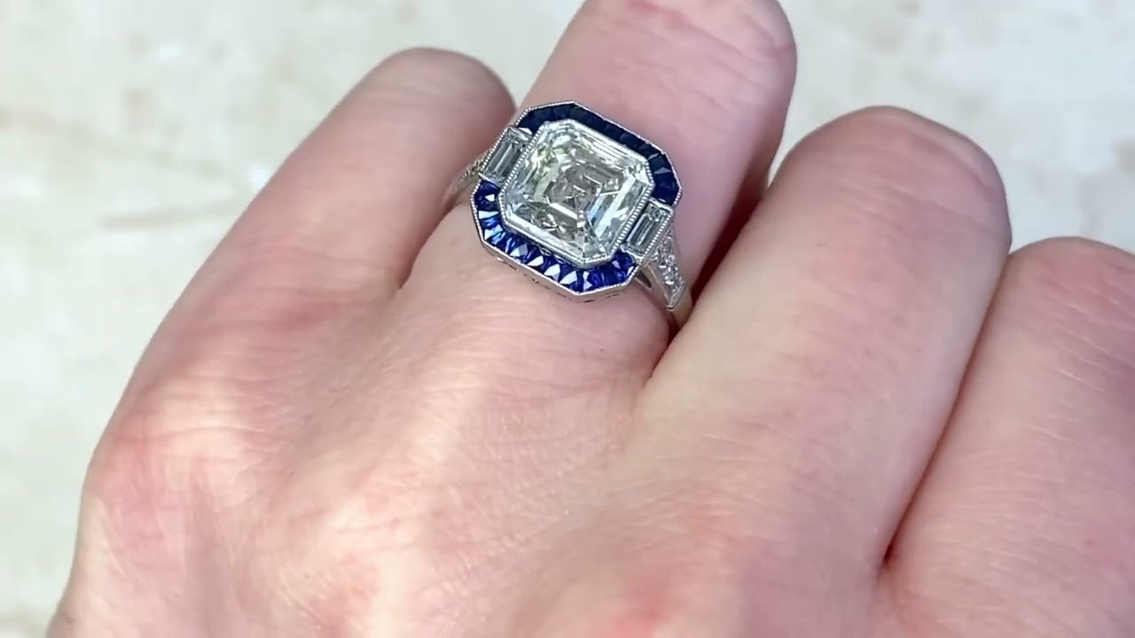 3.08ct Asscher Cut Diamond & Geometric Sapphire Halo Engagement Ring - Caffrey Ring - Hand Video