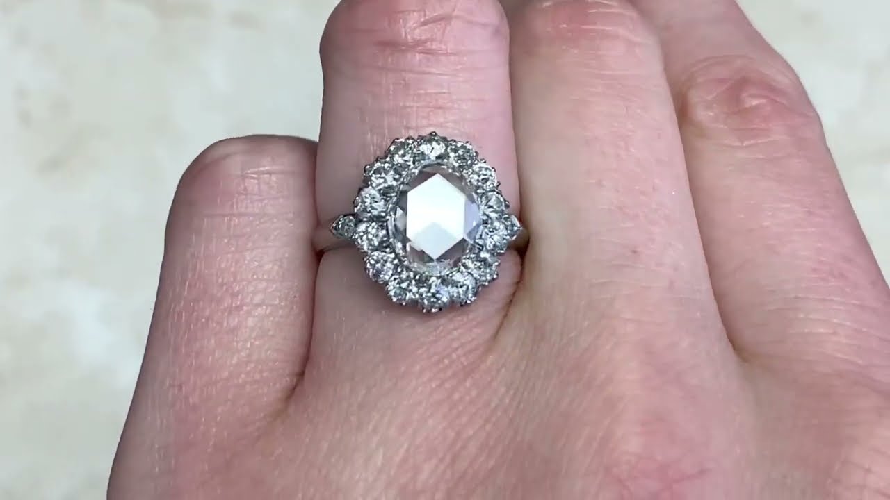 1.78ct Center Oval Rose Cut Diamond Cluster Engagement Ring - Gloucester Ring - Hand Video
