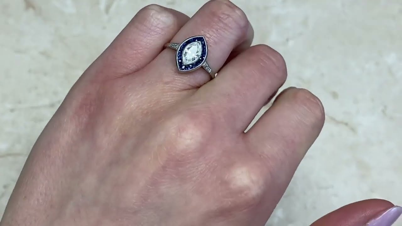 0.63ct Center Marquise-Cut Diamond and Sapphire Halo Engagement Ring - Alpine Ring - Hand Video