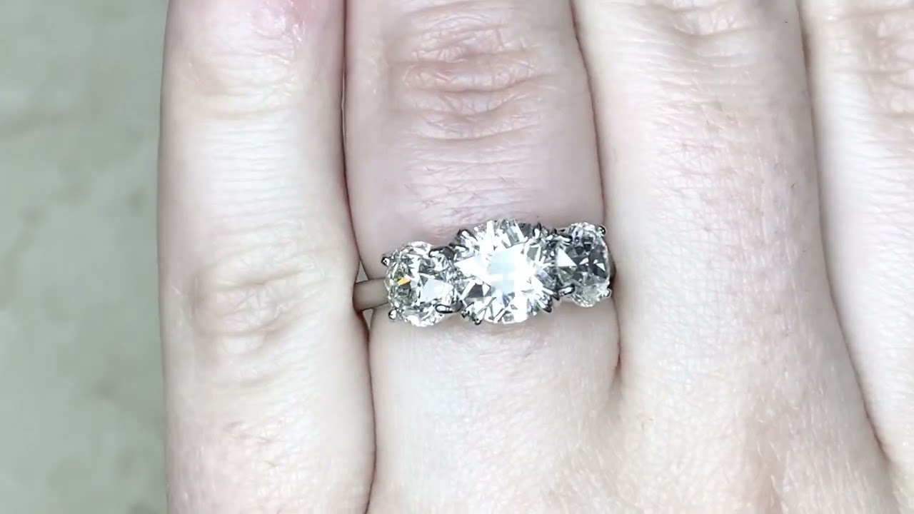 1.29ct Center Old European Cut Diamond Three Stone Ring Circa 1955 - Canton Ring - Hand Video