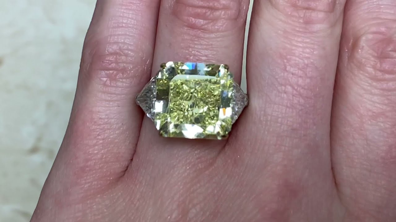 13.15ct Center Radiant Cut Fancy Intense Yellow Diamond Ring - Fremont Ring - Hand Video
