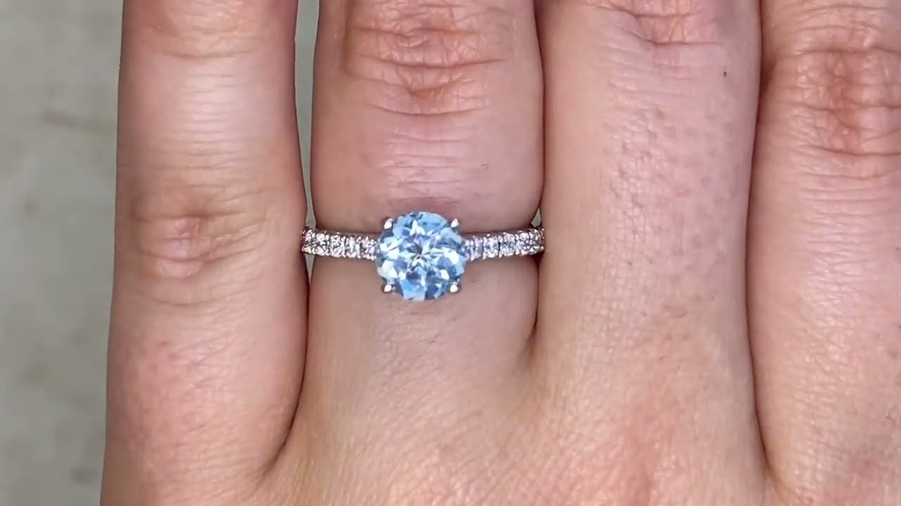 0.86ct Round Cut Aquamarine and Round Brilliant Cut Diamond Ring - Cincinnati Ring - Hand Video