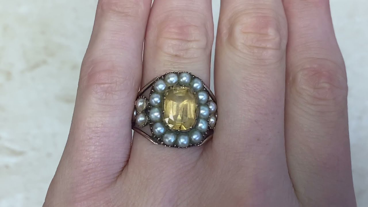 Georgian Era 2ct Center Cushion-Cut Citrine and Pearl Ring - Bennett Ring - Hand Video