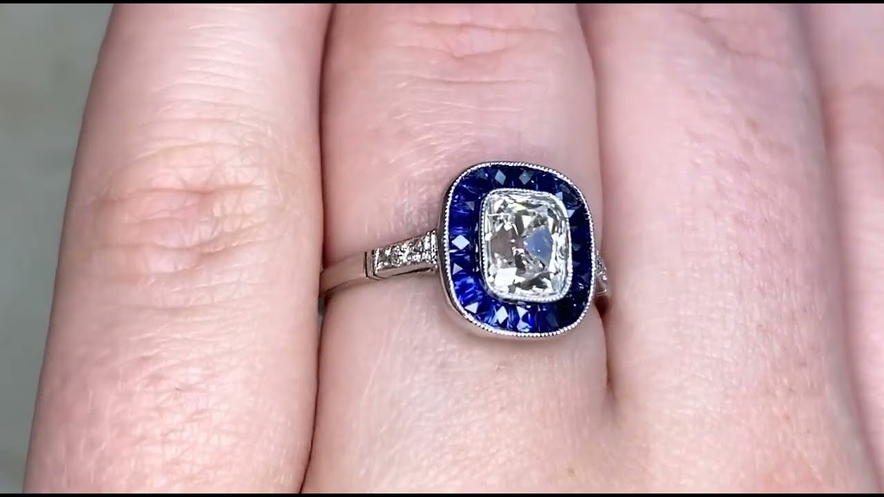 1.01ct Center Antique Cushion Cut Diamond & French Cut Sapphire Halo Ring - Toronto Ring- Hand Video