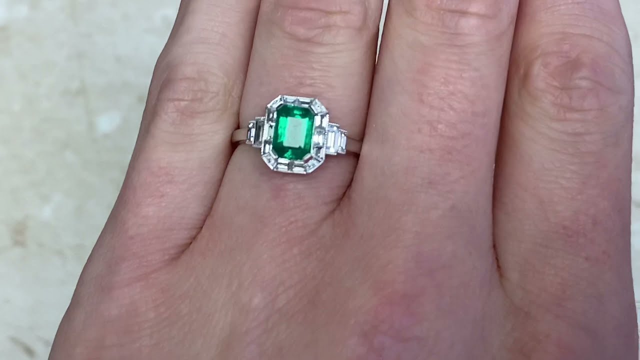 0.79ct Center Emerald and Baguette Cut Diamond Ring - Littleton Ring - Hand Video