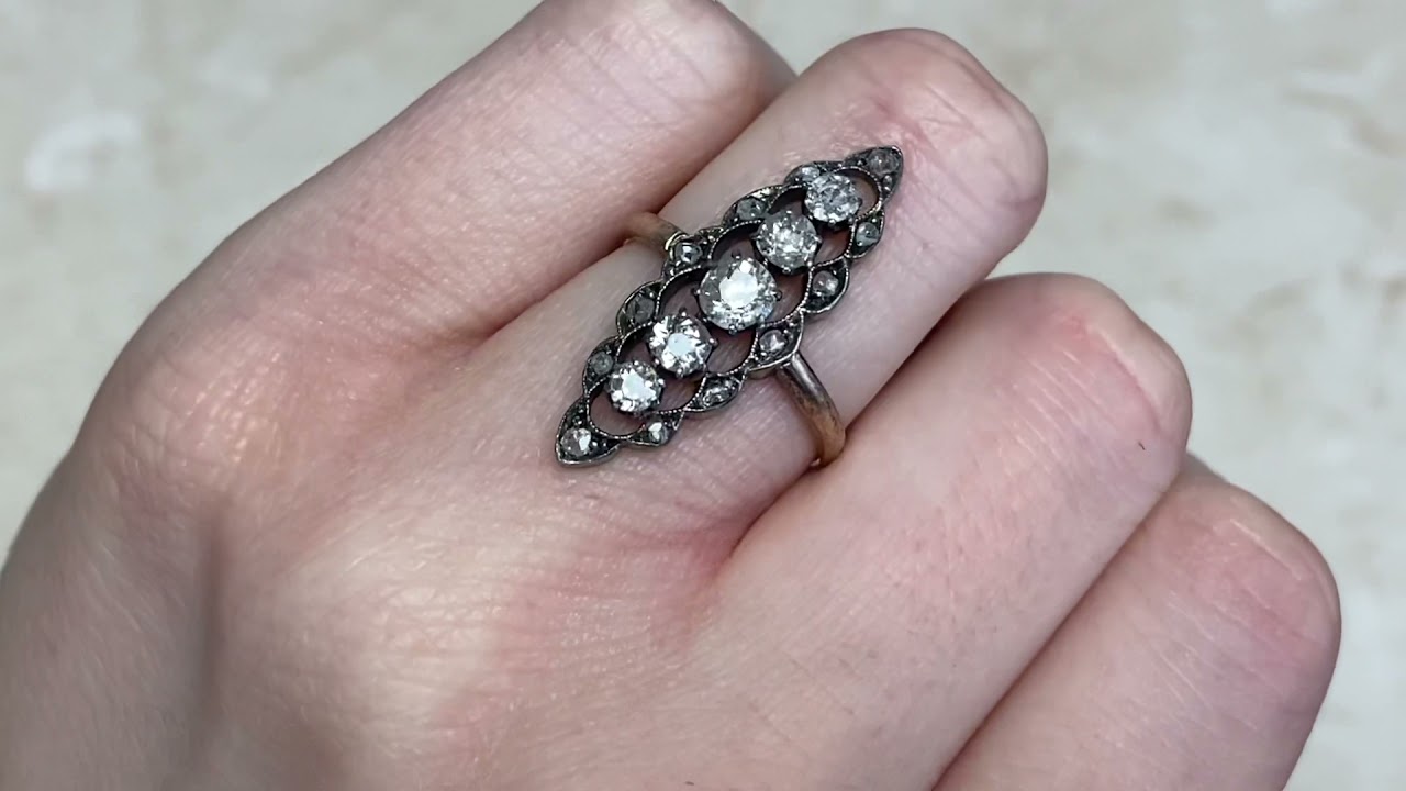 Victorian Era 14k Yellow Gold Old European Cut Diamond Navette Ring - Waterbury Ring - Hand Video