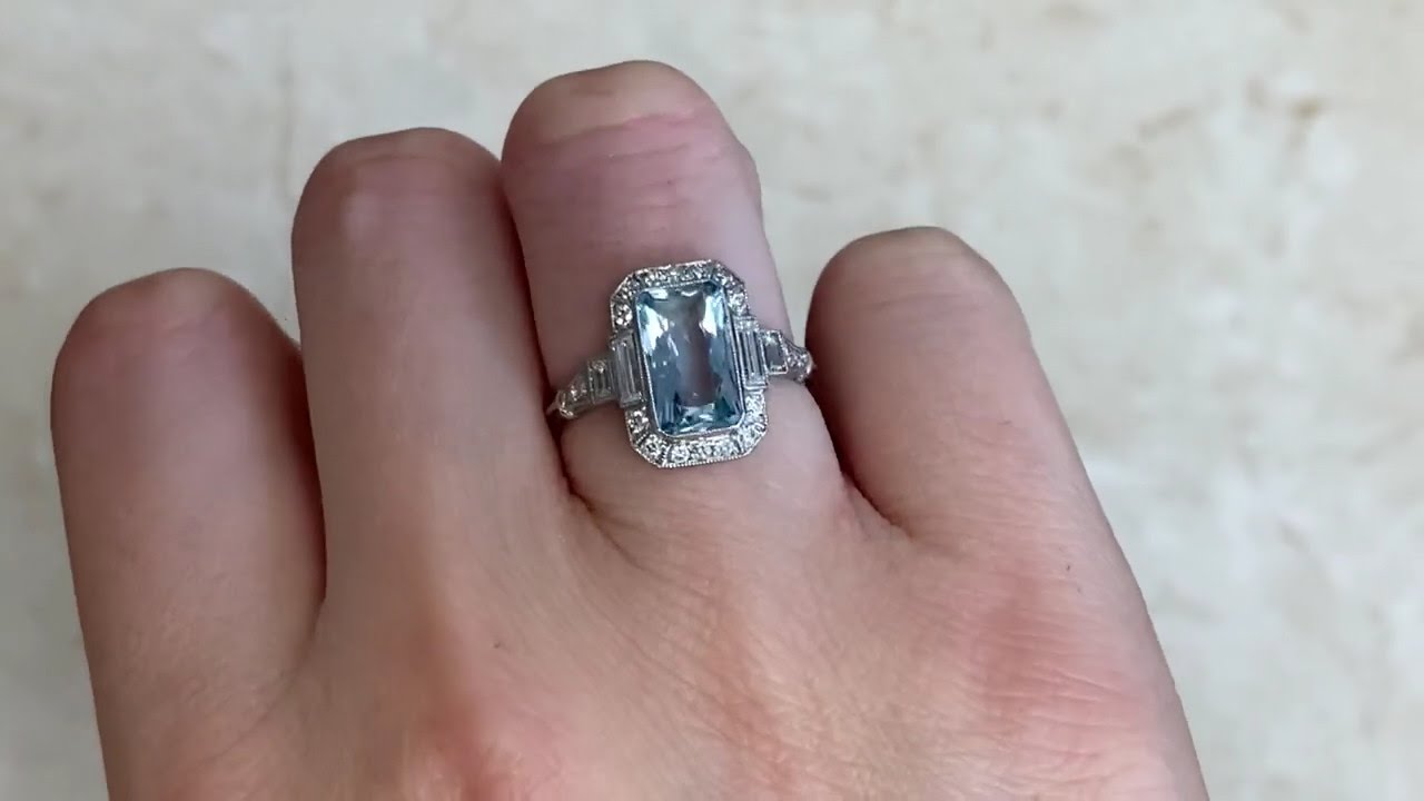 1.70ct Center Rectangular Mixed Cut Aquamarine and Diamond Ring - Dewsbury Ring - Hand Video