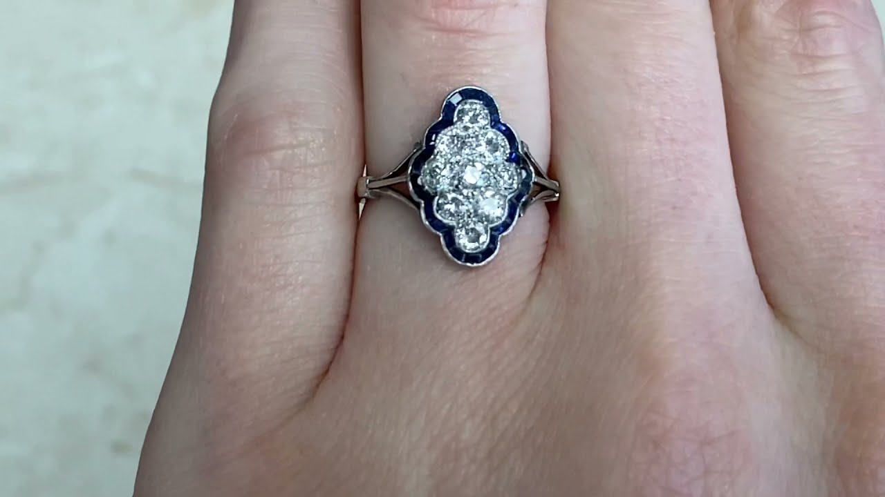 Art Deco Old European Cut Diamond and Sapphire Platinum Navette Ring - Dorset Ring - Hand Video