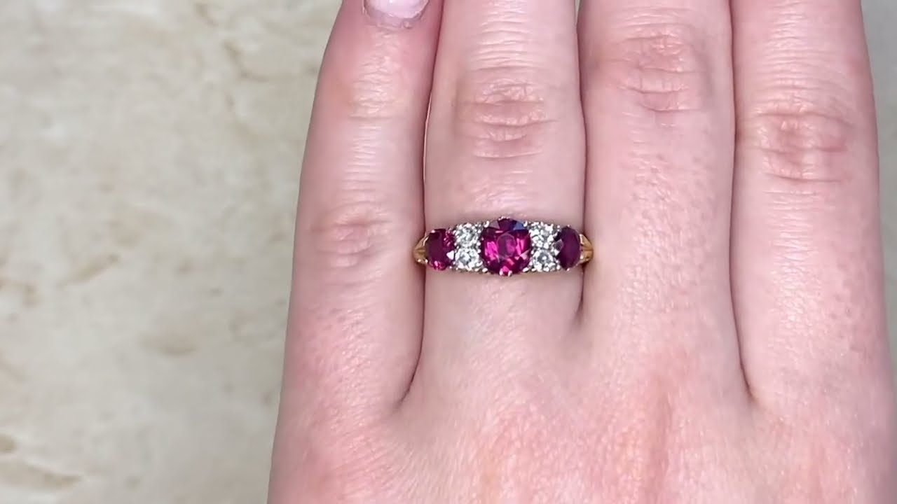 Cushion Cut Ruby and Old Mine Cut Diamond Edwardian Five Stone Ring - Bergen Ring - Hand Video