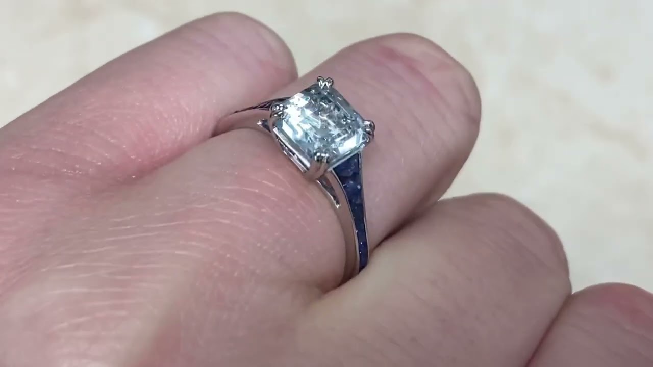 1.432ct Center Asscher Cut Aquamarine and Channel Set Sapphire Ring - Coram Ring - Hand Video