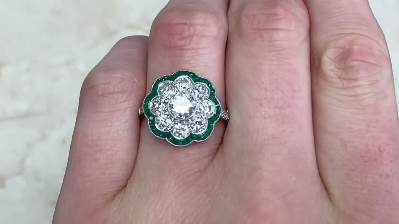0.65 Old European Cut Diamond and Diamond Cluster and Emerald Halo Ring - Towson Ring - Hand Video