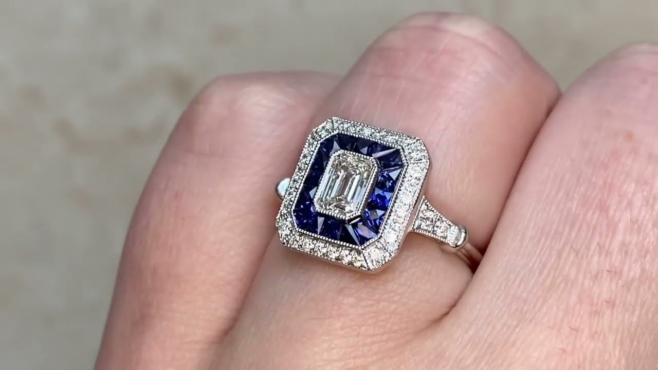 0.51ct Center GIA Certified Emerald Cut Diamond & Sapphire Halo Ring - Wilshire Ring - Hand Video