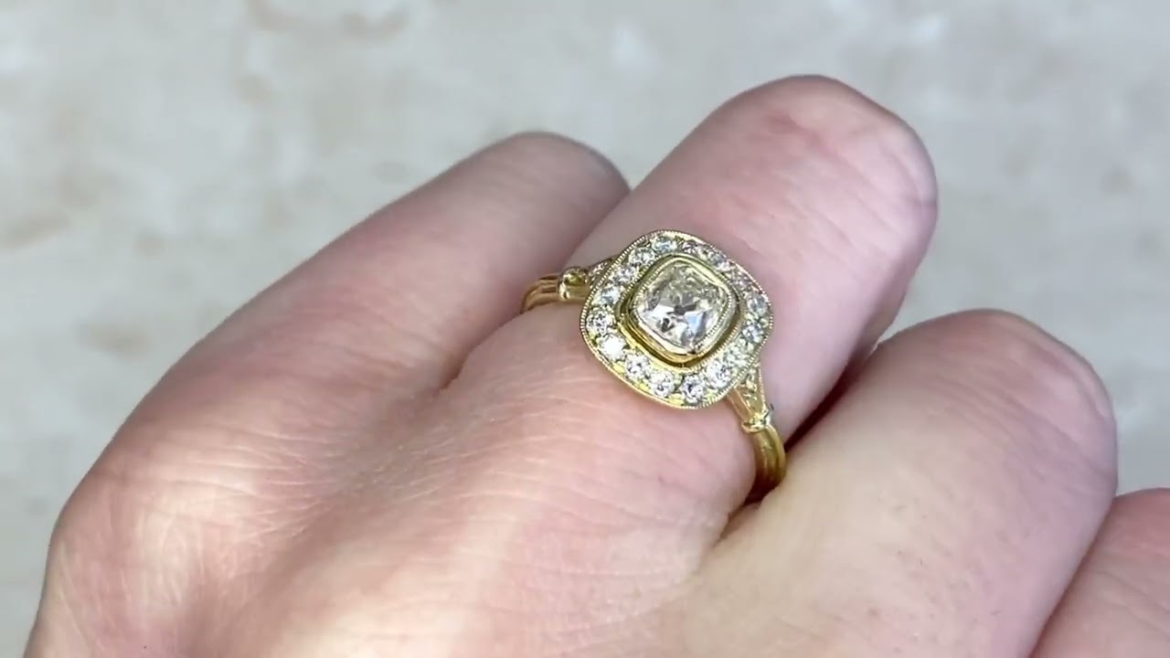 Antique Cushion Cut Diamond & Halo 18k Yellow Gold Engagement Ring - Malta Ring - Hand Video