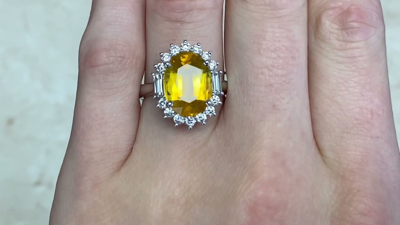 Oval Cut Yellow Sapphire and Diamond Halo 18k White Gold Ring - Chesterfield Ring - Hand Video