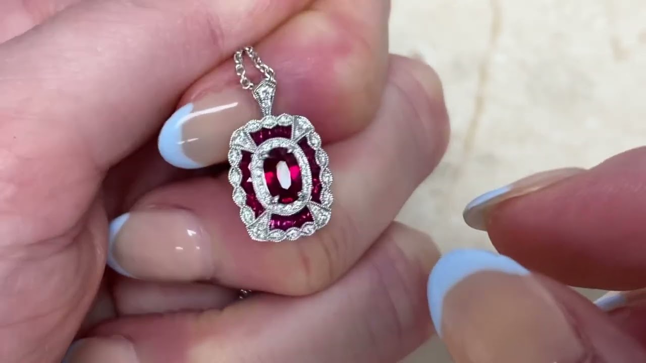 0.52ct Center Oval Cut Ruby and Diamond Halo Pendant - Gravois Pendant - Hand Video